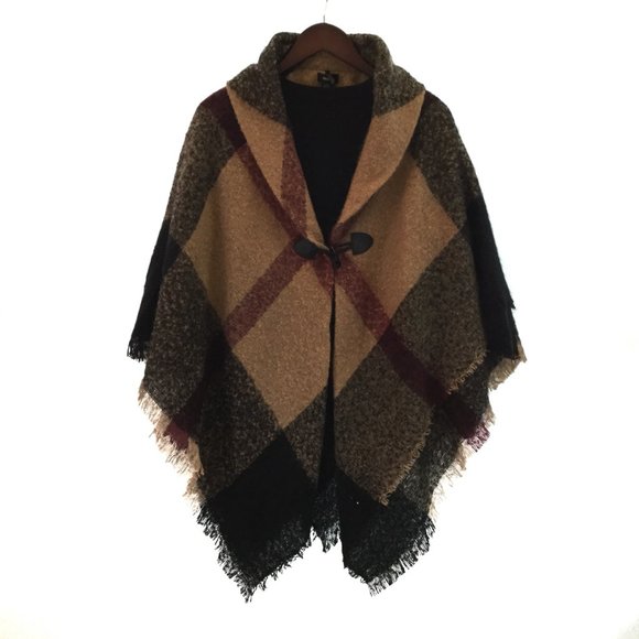 Plaid Shawl Poncho Sweaters - New Plaid Shawl Cape Poncho with toggle closure